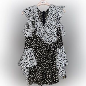 PrettyLittleThing Black and White with Blue Floral Pattern Dress